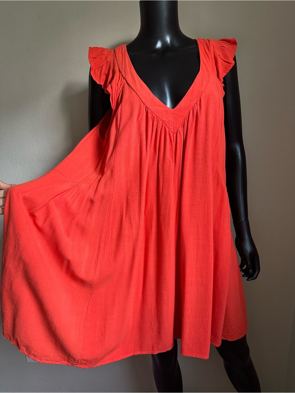 Promesa Coral Orange Flutter Ruffle Sleeve V-Neck Mini Dress with Tie Back - Picture 3 of 11